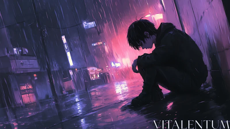 Quiet midnight rain, neon city streets, and solitary thoughts.