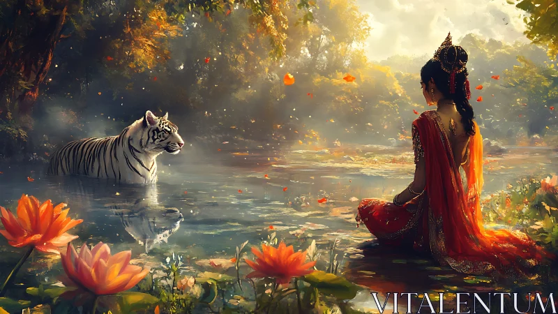 Mystic woman meets white tiger beside lotus pond at dawn