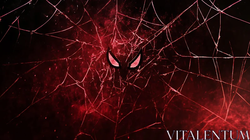 Crimson spider web glows around bold masked eyes in shadow