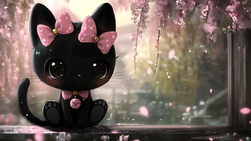 Sweet black kitten under soft falling cherry blossoms.