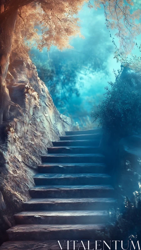 Stone steps ascend through misty forest toward glowing light