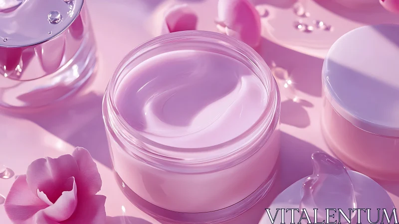 Silky pink cosmetic cream in glass jar with soft gloss lighting.