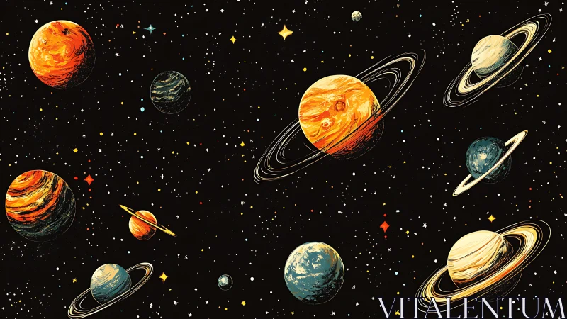 Vibrant ringed planets drift through dense starfield backdrop.