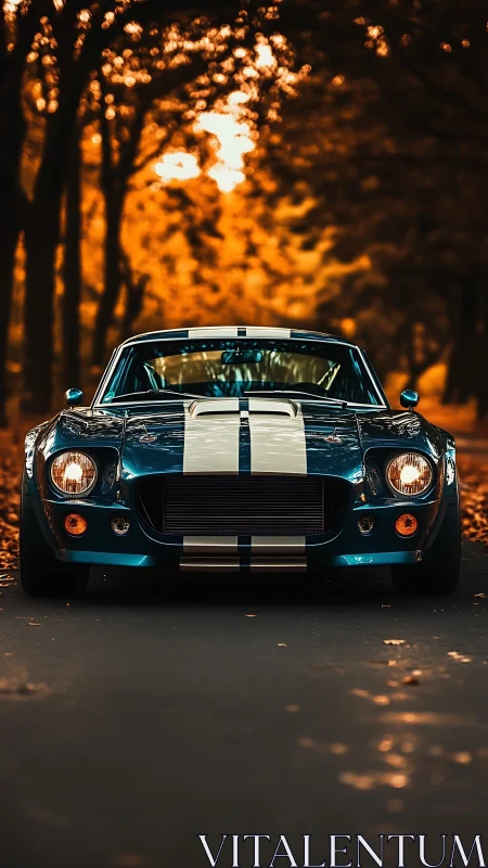 Classic blue muscle car under golden autumn canopy.