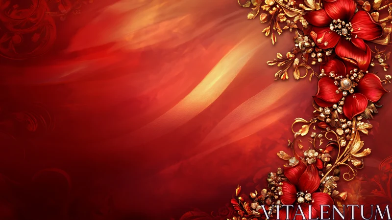 Red flowers with gold ornamental embellishments on gradient background.