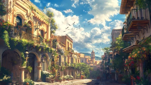 Sunlit Mediterranean street with lush floral balconies.