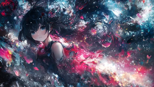 Celestial portrait merges anime figure with abstract nebula currents
