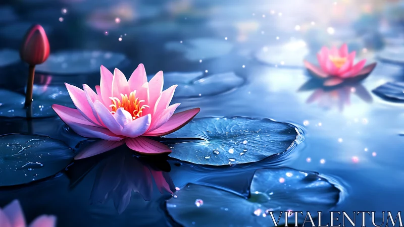 Luminous petals drift through twilight waters. Waterlilies enchant.