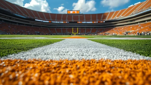 Football stadium field level view with goalpost centered.