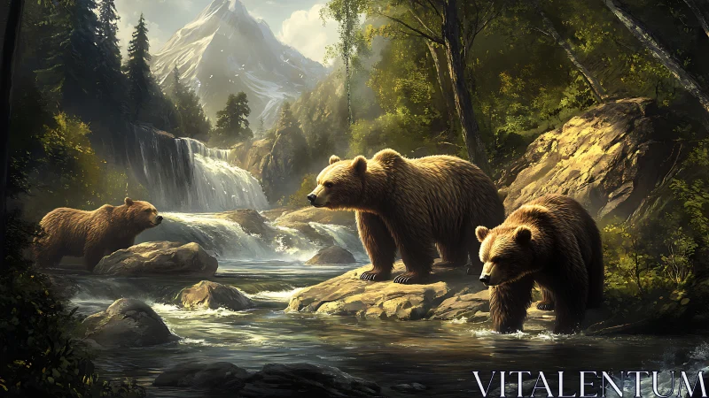 Grizzly bears patrol sunlit forest river under waterfalls.
