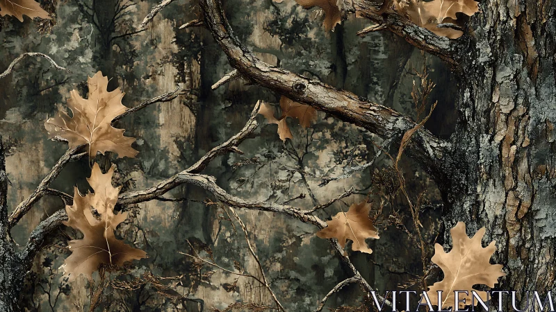Oak leaves and weathered branches on textured bark.