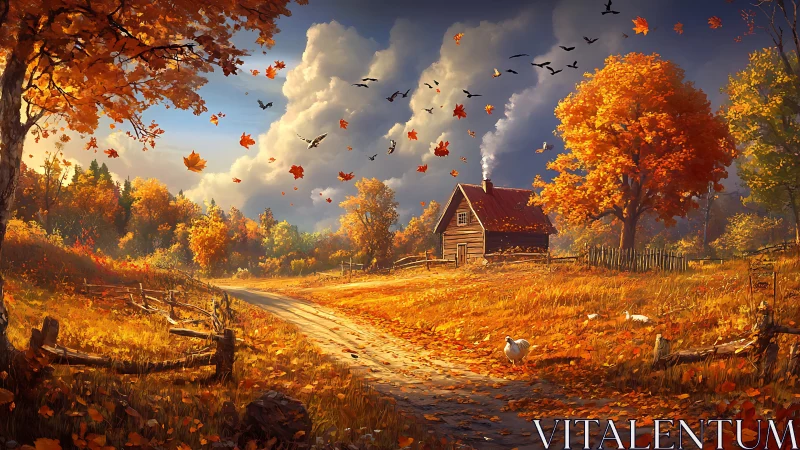 Autumnal rural lane with cabin, avian flock and falling foliage.