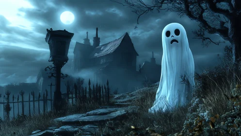 Sad cartoon ghost stands before moonlit haunted house