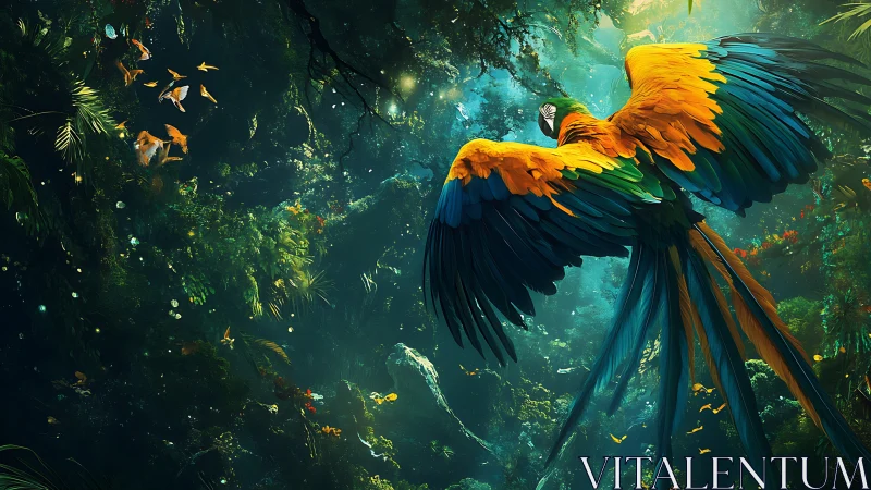 Macaw in dense forest canopy viewed from rear in flight.