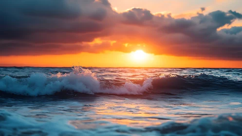 Sunlit waves crash beneath a blazing, storm-kissed horizon