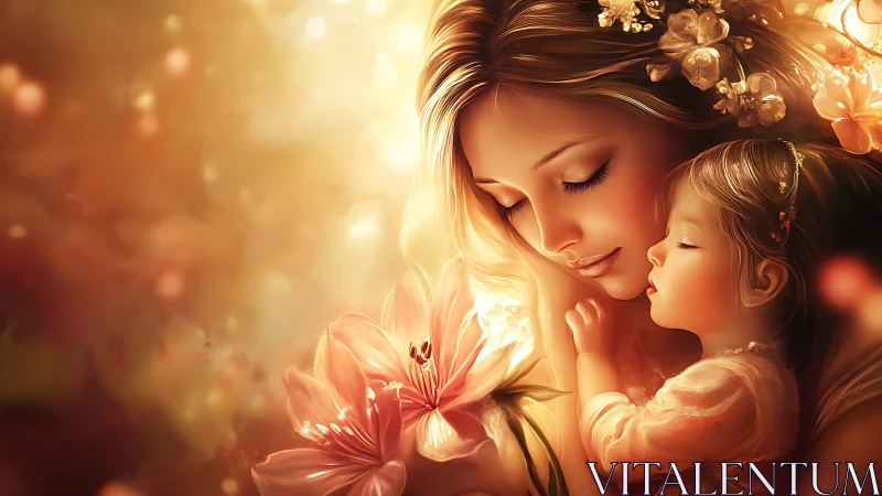 Mother and Child Portrait with Floral Elements and Warm Lighting