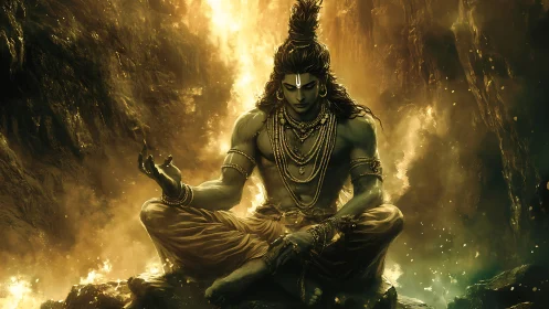 Divine ascetic figure in luminous cavern, meditative posture