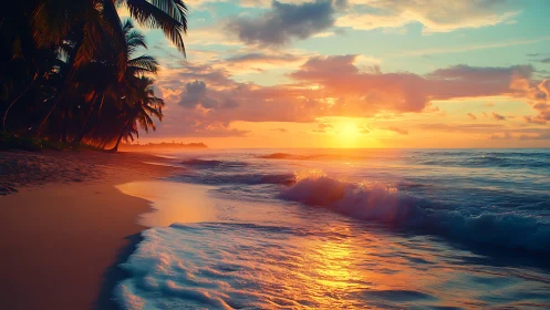 Tropical shoreline sunset with vivid reflections and surf glow.