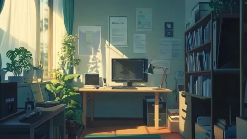 Sunlit home office welcomes quiet work and green calm