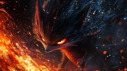 Fiery fox-like spirit emerging through swirling embers.