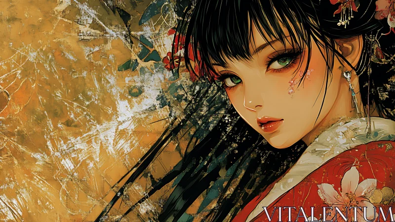 Graceful kimono beauty framed by golden painterly dreams.