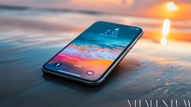 Smartphone Positioned on Reflective Surface at Sunset.