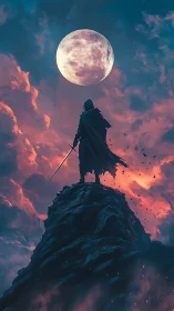 Moonlit blade on the storm peak of a crimson twilight sky.