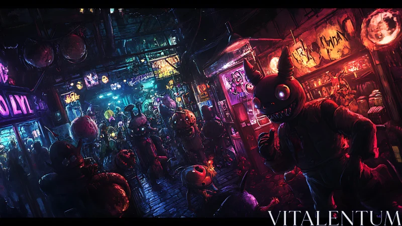 Cyberpunk carnival alley swarmed by sinister mascots.