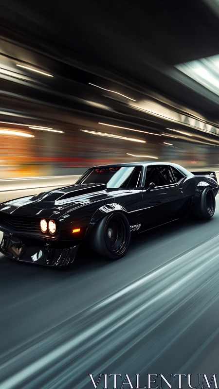 Black muscle car speeding through a blurred city tunnel.