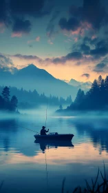 Silhouetted angler in misty lake environment under gradient dawn sky