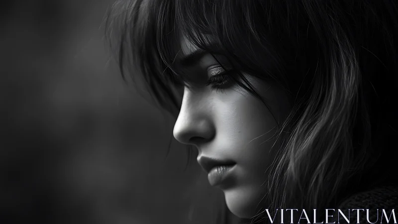 Quiet grayscale profile of pensive young woman in shadowed hush.