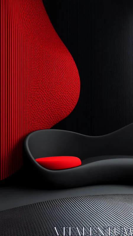 Parametric red wall with sculptural black sofa and accent pad