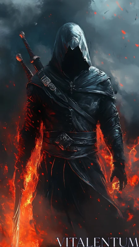 Hooded fire assassin emerges from embers and shadowed storm.