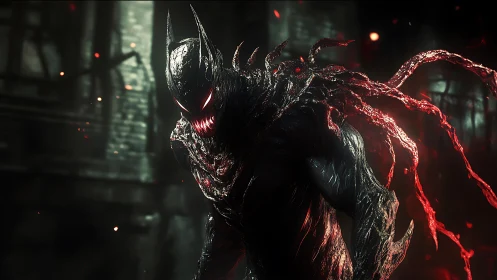 Sinister armored creature glows with fierce red energy tonight