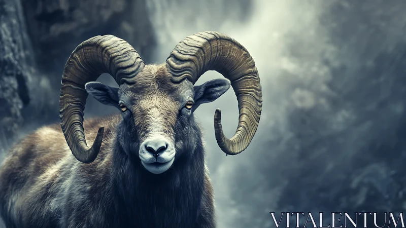 Mountain ram portrait with sweeping horns in misty gorge.