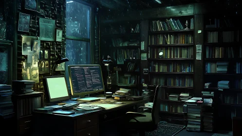 Dim library workspace with dual monitors and book stacks.