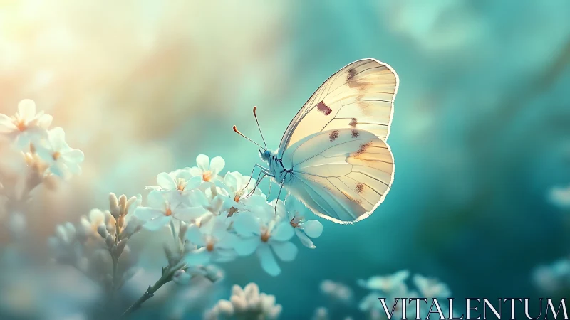 Sunlit butterfly hush over pastel meadow blossoms.