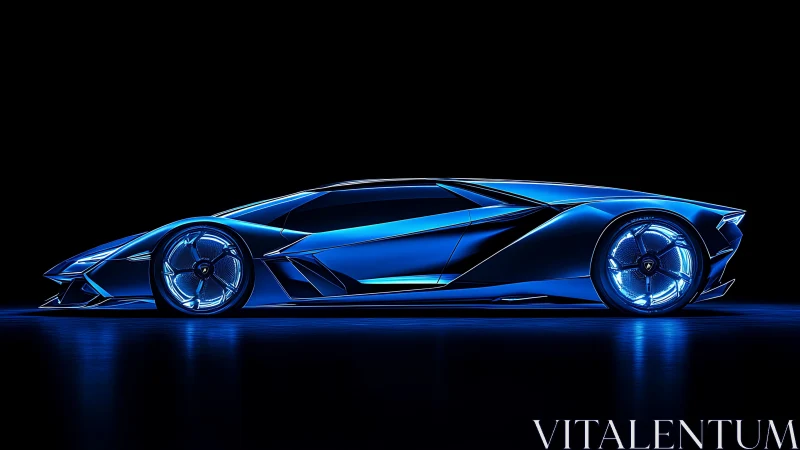 Futuristic blue sports car in profile with illuminated wheels