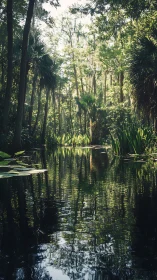 Cypress Swamp Waterway Through Ancient Forest.
