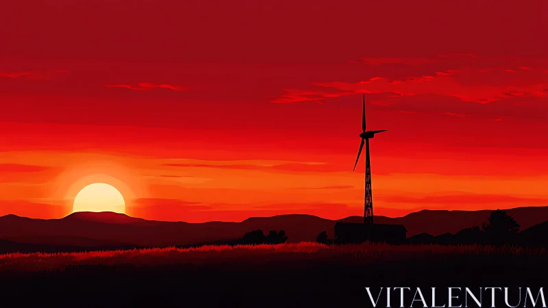Wind turbine stands against intense red sunset sky