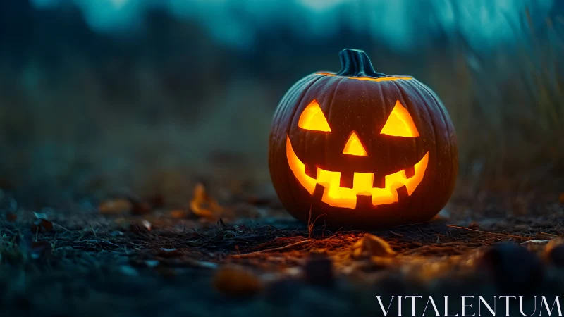 Low angle jack o’lantern glows with warm internal candlelight at dusk