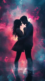 Neon-Silhouetted Couple: Digital Painting with Volumetric Light.