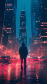 Lone figure studies neon city street under heavy rain