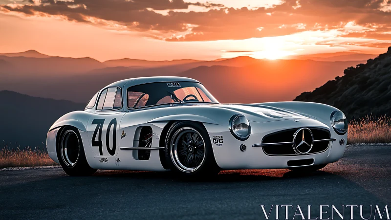 Low-slung classic Mercedes race coupe under high-contrast sunset lighting
