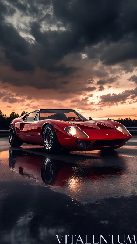 Sunset reflections with a classic red sports car glow.