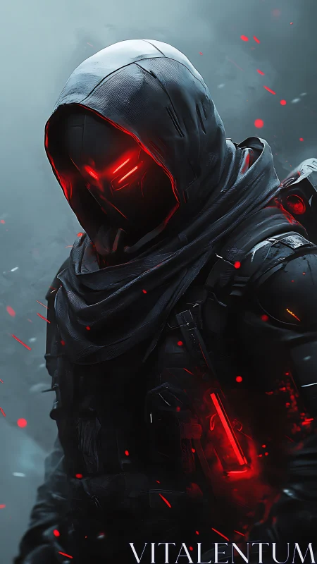 Hooded cyber wraith with ember-red visor burning through fog.