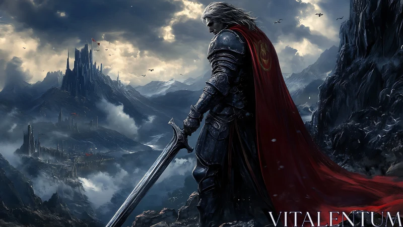 Lone armored knight surveys storm-dark fantasy kingdom.