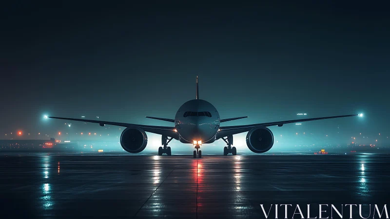 Midnight jet waiting on a misty, glowing runway poised.
