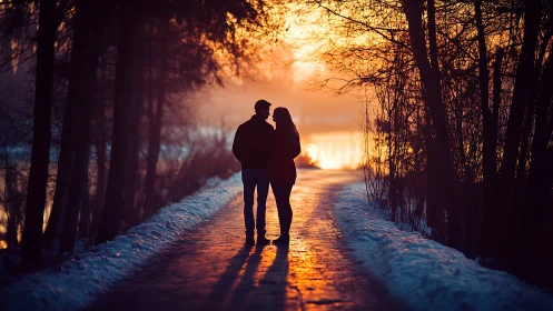 Silhouetted couple on snow-covered pathway during golden-hour atmospheric backlight