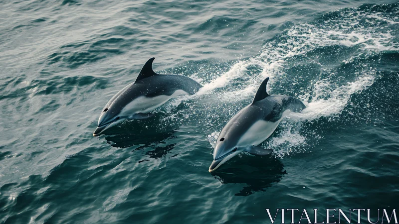 Two dolphins swimming at water surface in open ocean.